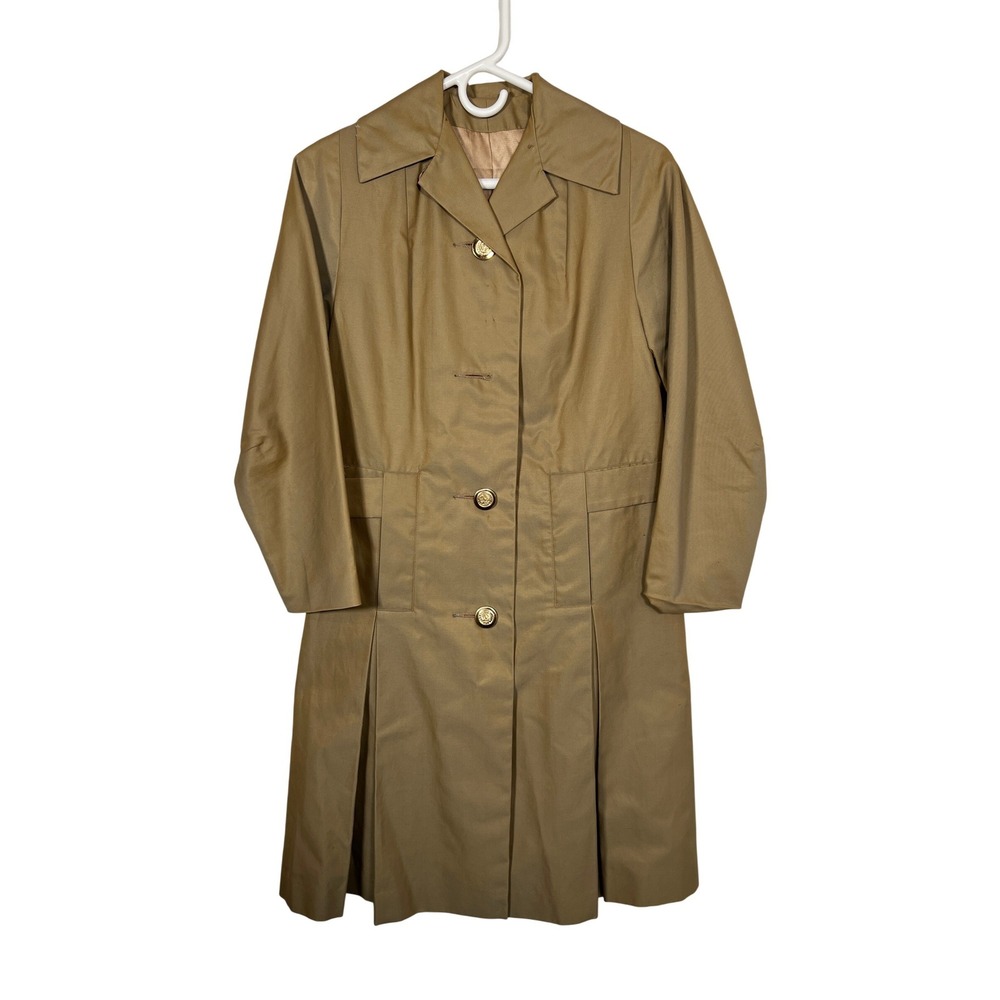 Vintage Trench Coat Tan Pleated Gold Crest Buttons Mid Length Classic Tan Small‎